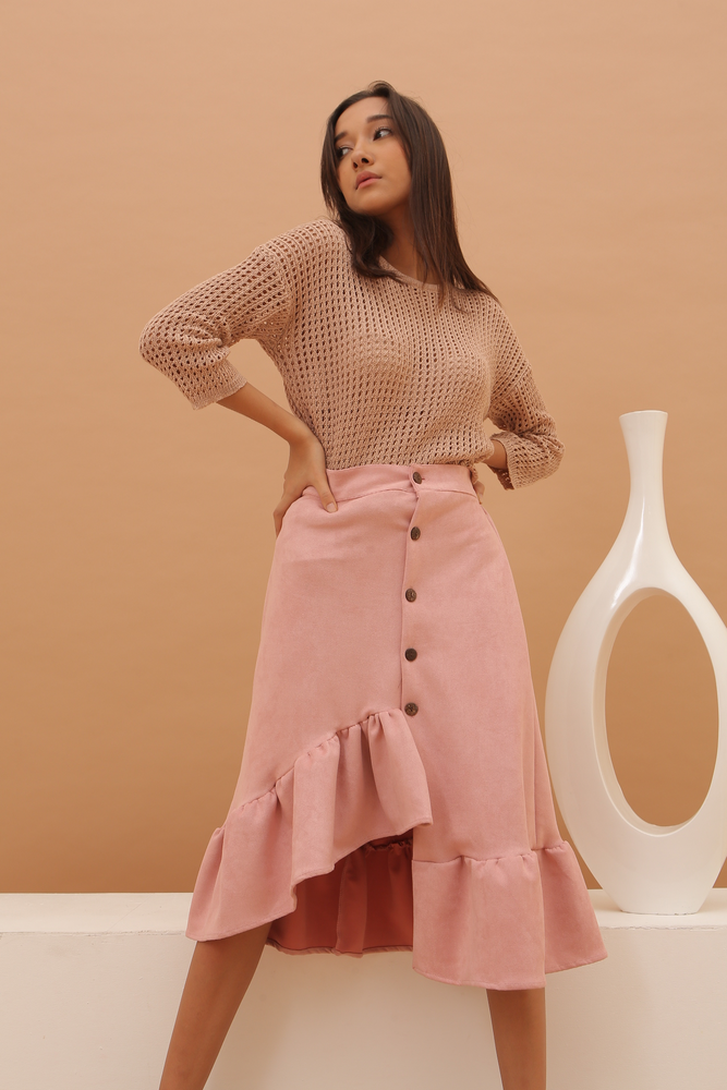 
            
                Load image into Gallery viewer, Carissa Pink Flare Suede Skirt
            
        