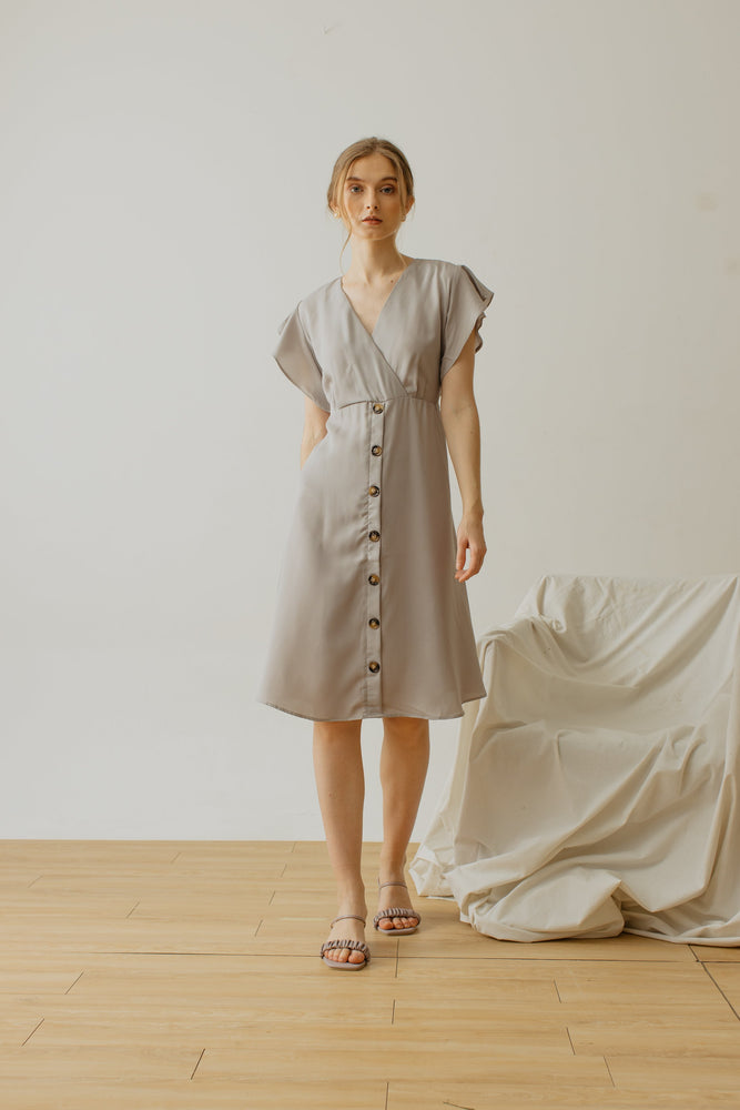 Alina Button Dress in Light Grey