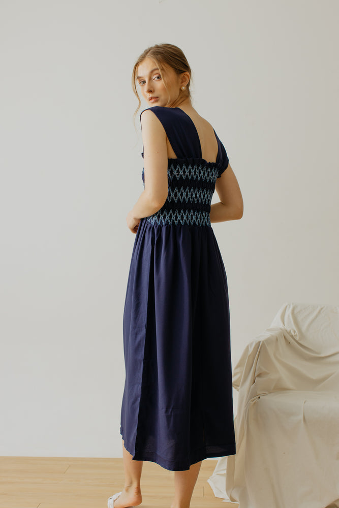 
            
                Load image into Gallery viewer, Trinette Smock Sleeveless Dress Navy
            
        